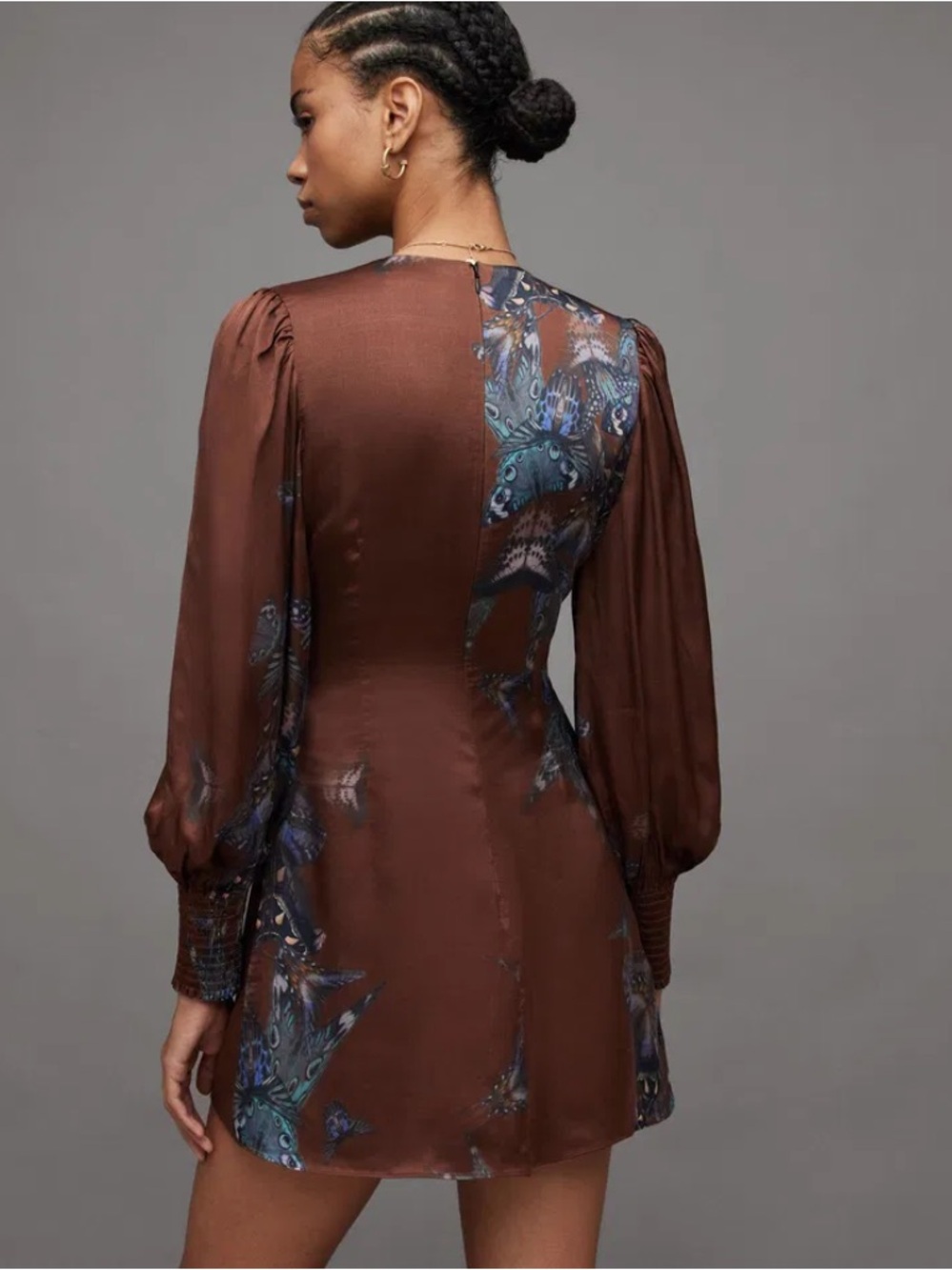 AllSaints Auden Diana Butterfly Mini Dress Brown Blue US 4 - Picture 3 of 9